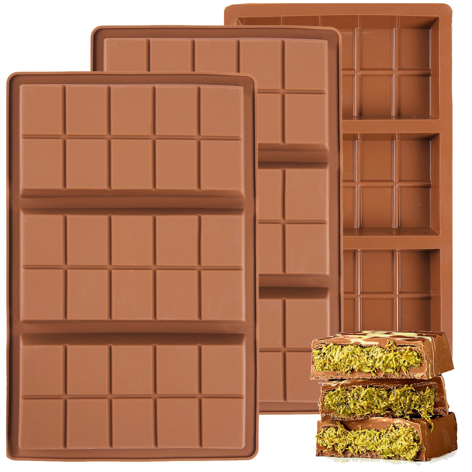 Cunacio 1 Inch Deep Chocolate Bar Mold, 3 Cavity Large Dubai Chocolate Molds, Thick Candy Bar Mould for Filling（3 Packs）
