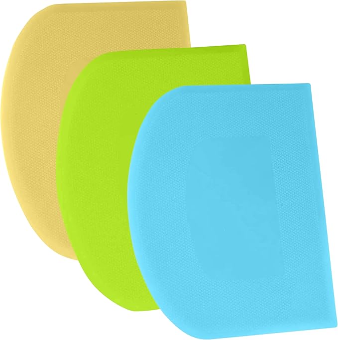 SURDOCA Dough Scraper Bench Scraper - 3P 4.7x3.7" Plastic Flexible Bowl Scraper, Sharp Edge & Angles Cake Scraper. Non-Slip Bakeware Decorating Tools Sculpting & Modeling Tools - Blue+Yellow+Green