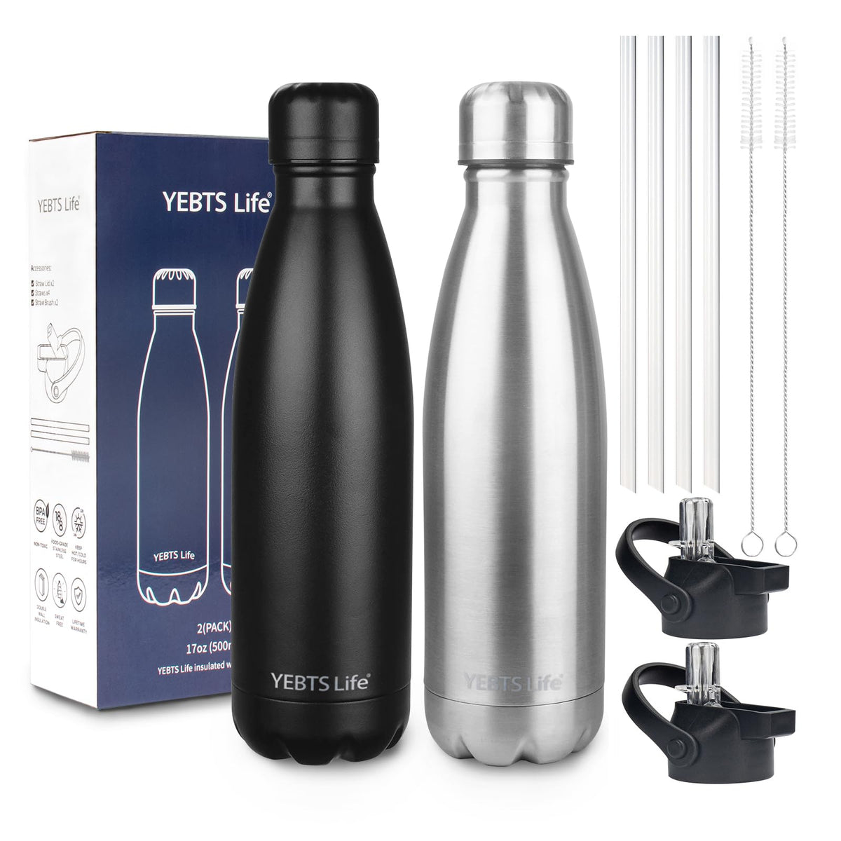 Insulated Water Bottle,2 Pack-17oz Stainless Steel Water Bottles with straw lid,Metal Sports Water Bottles for Boys,Girls,Double Wall Vacuum BPA-Free Flask for Sports (Sunset & Sea)