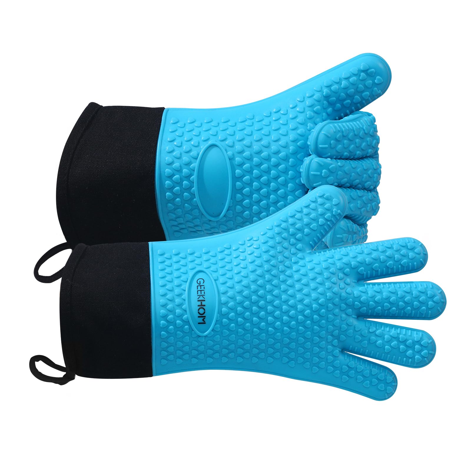 GEEKHOM BBQ Gloves Heat Resistant Oven Mitts - Silicone Grilling Gloves with 13.7" Arm Protection - Waterproof Pot Holder Non-Slip for Men & Women, Kitchen Outdoor Cooking, Baking, Camping, Blue