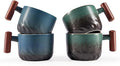 6oz Ceramic Espresso Cups with Wooden Handle, Small Coffee Cups for Latte Cappuccino, Tea Cups Set of 4
