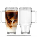 KEMORELA 24oz Ribbed Glass Cups with Lid & Straws,Glass Tumbler with Handle