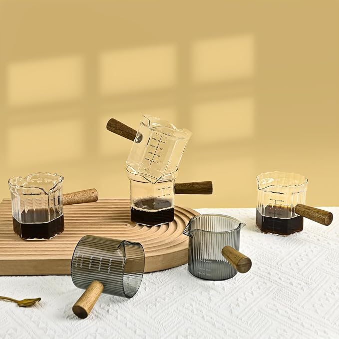 Glass Measuring Cup, 4oz Espresso Shot Glass with Wood Handle, Single Spout Measuring Triple Pitcher Milk Cup for Coffee Tea (Gray Ribbed）