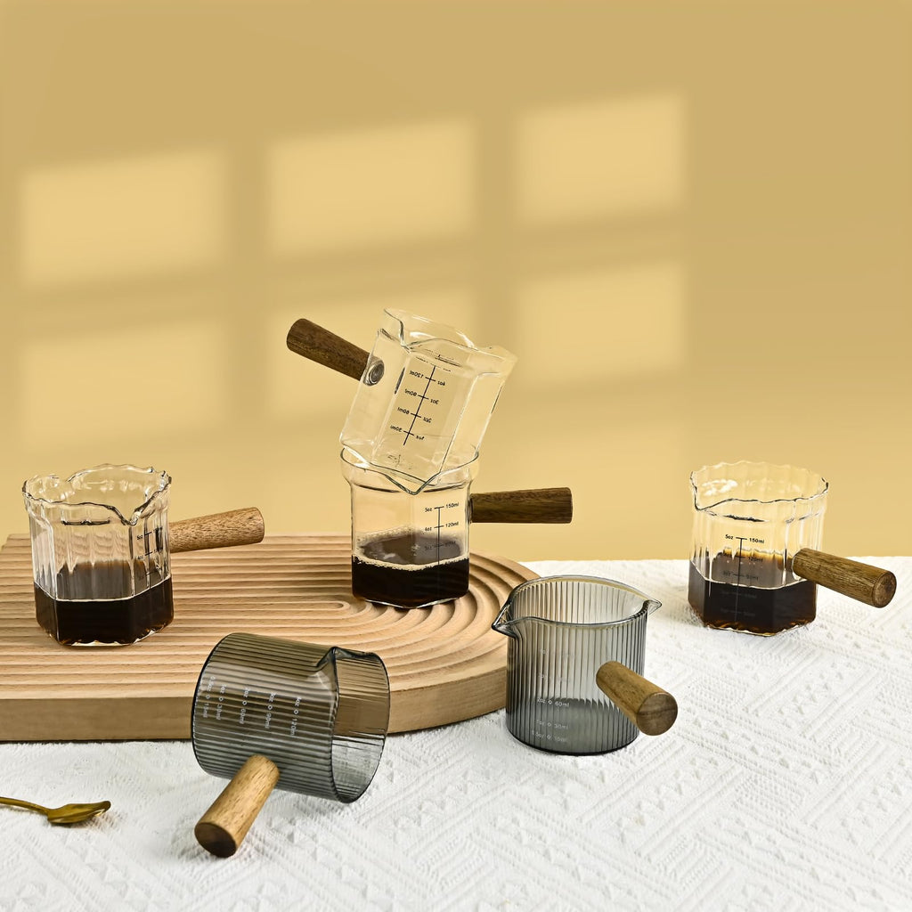 Denovin Glass Measuring Cup, 5oz Espresso Shot Glass with Wood Handle