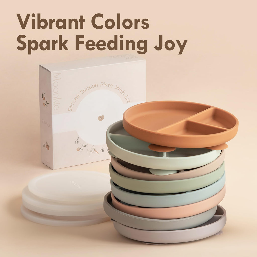 Moonkie Suction Plates for Baby | 100% Silicone BPA-Free Baby Plates with Lids and Food Cover | Divided Design | Microwave and Dishwasher Safe | Toddler Plates 2 Pack