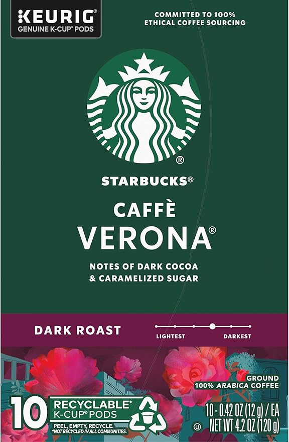 Starbucks Coffee K-Cup Pods, Caffè Verona, Dark Roast Coffee with Notes of Dark Cocoa & Caramelized Sugar, Keurig Genuine K-Cup Pods, 10 CT K-Cups/Box (Pack of 3 Boxes)