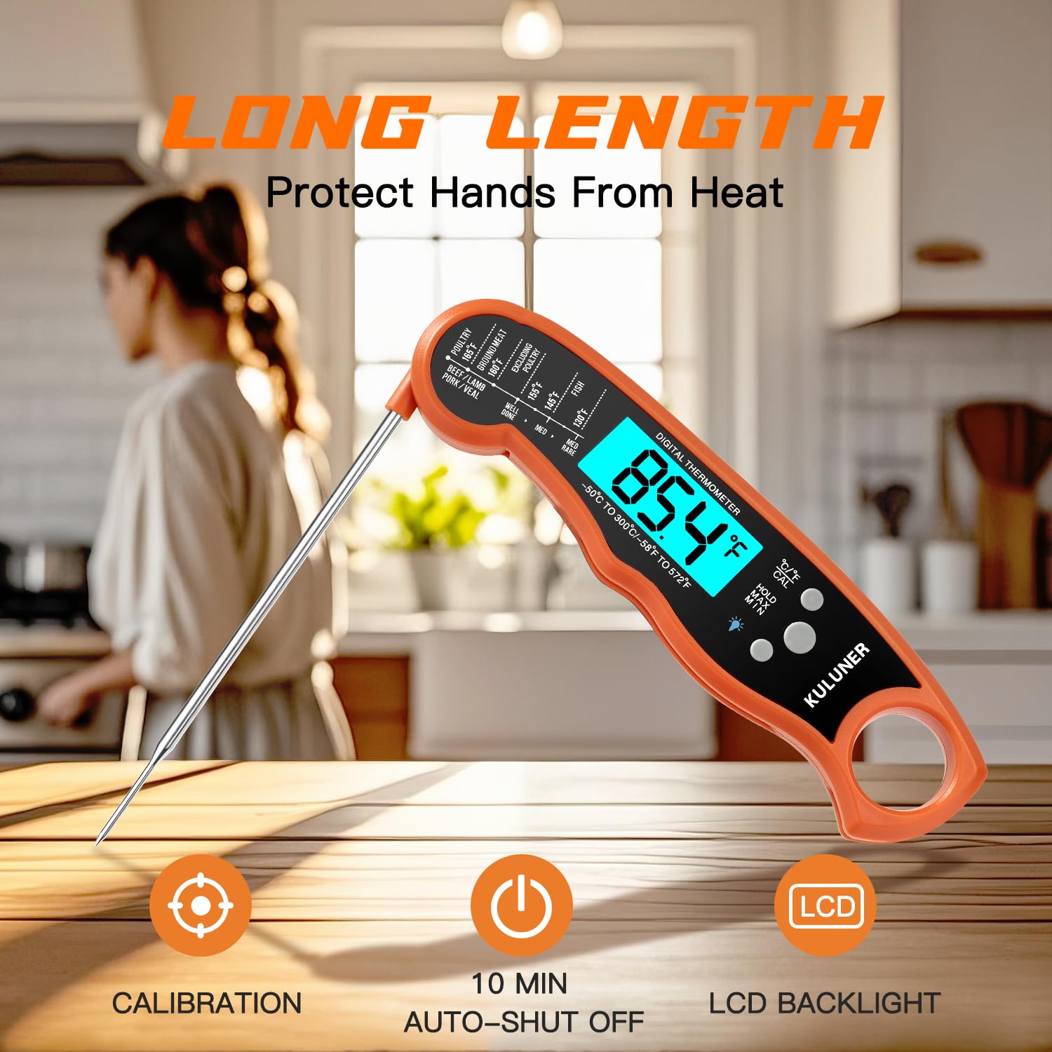 KULUNER Digital Meat Thermometer Instant Read, Orange Waterproof Food Thermometer with 4.6" Folding Probe, Backlight & Calibration, 2-3s Fast Reading for Kitchen BBQ Grilling Cooking - Orange