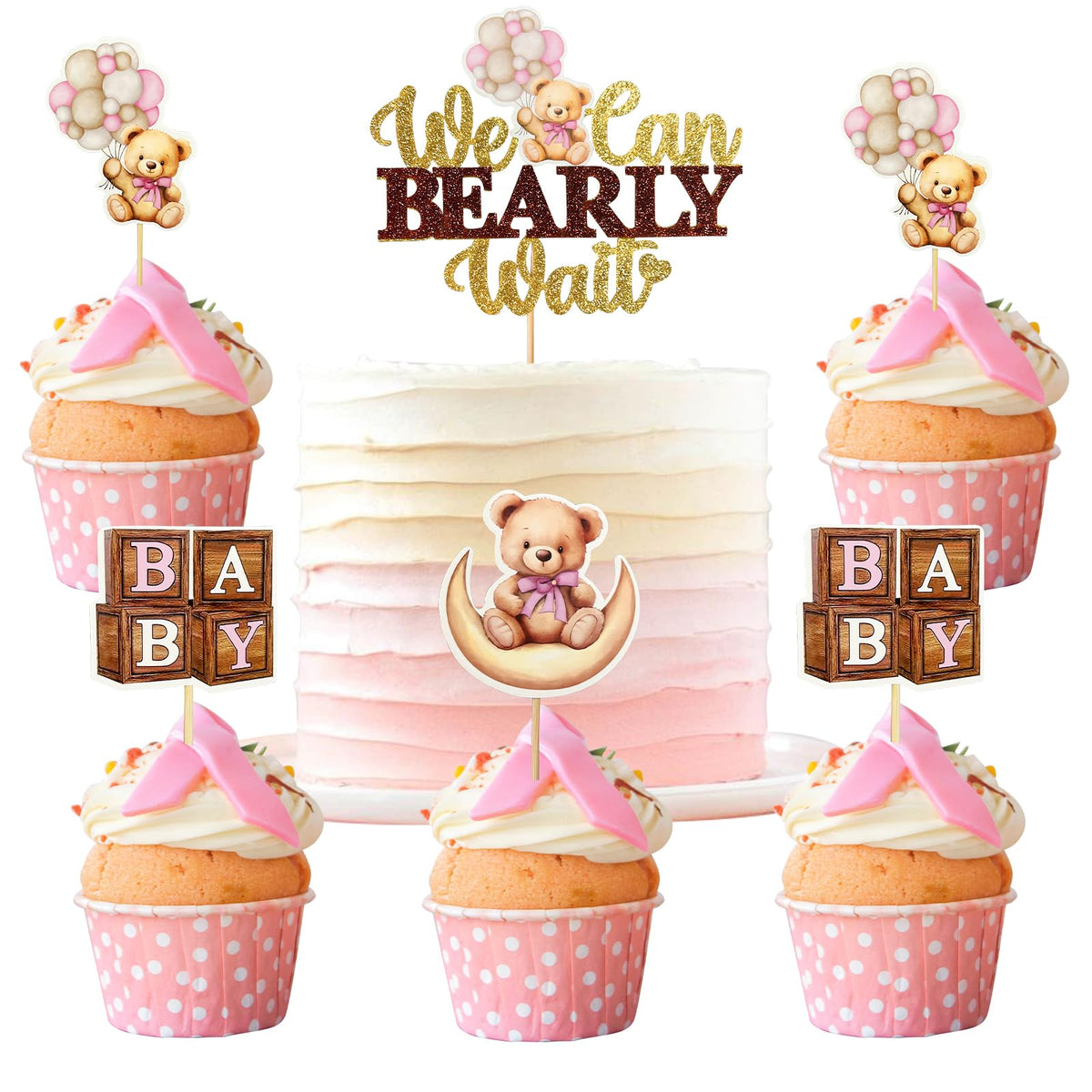 MEMOVAN Pink Bear Cupcake Toppers We Can Bearly Wait Cake Cupcake Topper