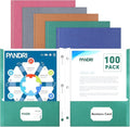 Two Pocket Folders, PANDRI 100 Pack Two Pocket Folders with Prongs, 2 Pocket 3 Prong Folders Designed for Office and Classroom, Letter Size Assorted 5 Colors