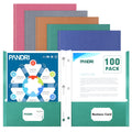 PANDRI 100 Pack Two Pocket Paper Folders with Prongs, Letter Size, 5 Colors