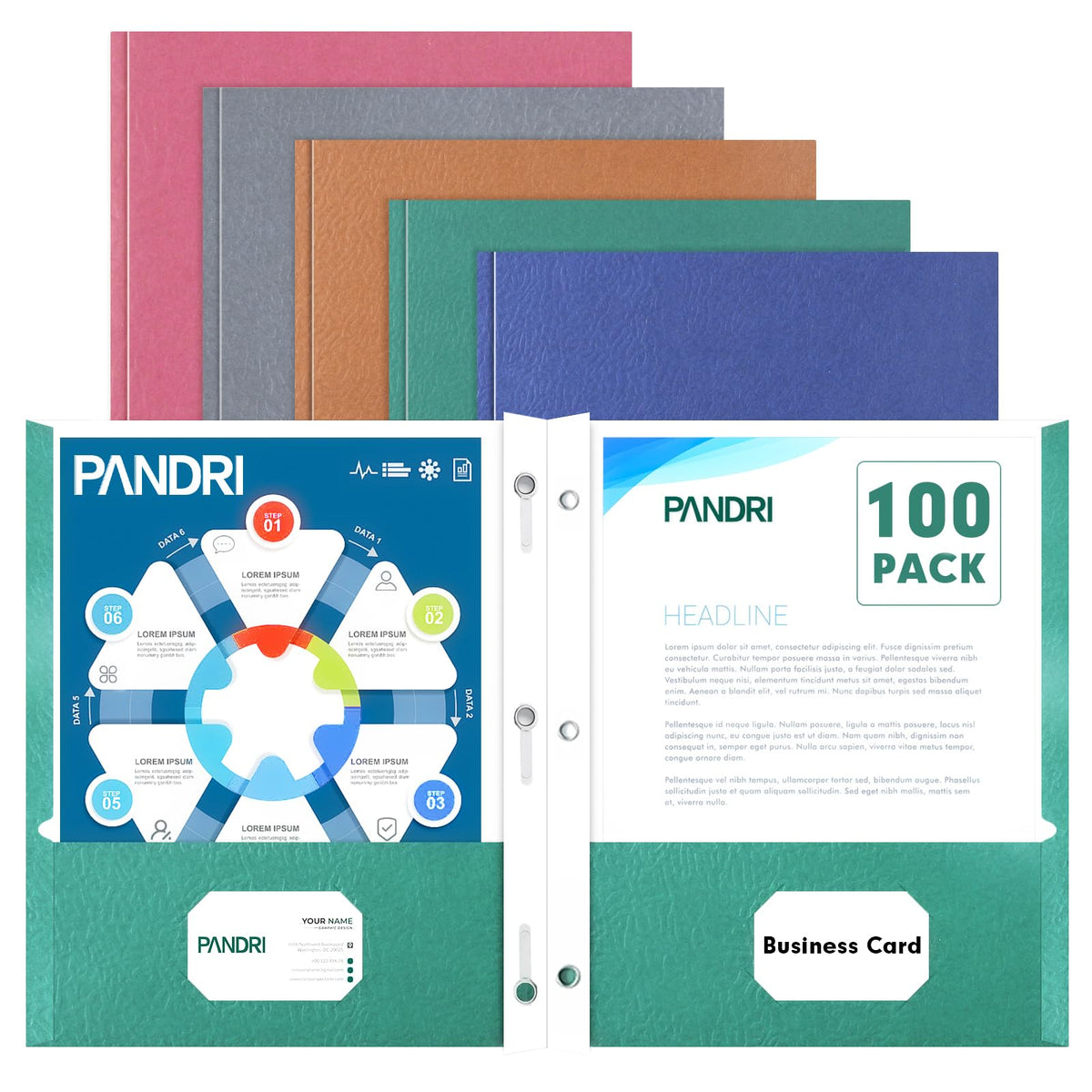 PANDRI 100 Pack Two Pocket Paper Folders with Prongs, Letter Size, 5 Colors