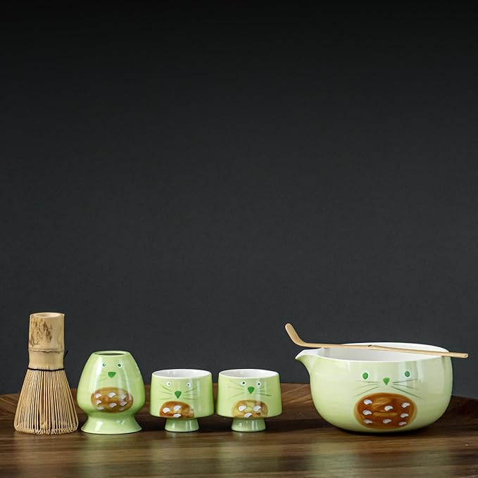 Green Matcha Set -Cute Cat Matcha Kit Includes Ceramic Bowl, Whisk and Holder, Bamboo Scoop - 6 Pcs Matcha Whisk Set for Matcha Lovers