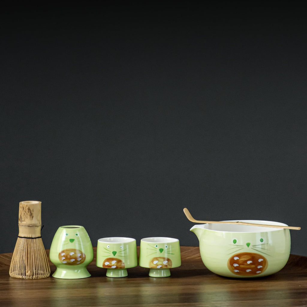 Matcha Whisk Set with Spout, Bowl & Holder, Cute Ceramic Teacups Gift - Cat