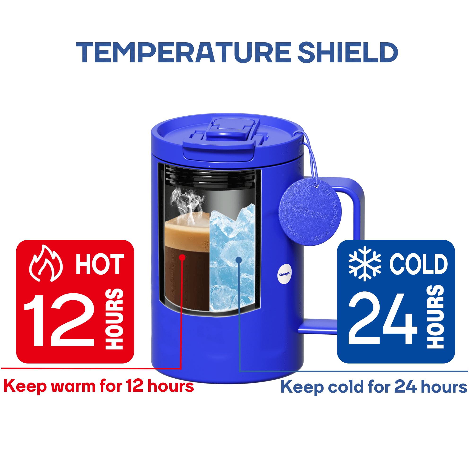 Sidagar 18 oz Stainless Steel Insulated Coffee Mug with Handle and Lid, Double Wall Vacuum Travel Mug, Tumbler Cup with Sliding Lid, Resuable Insulated Coffee Tumbler, Blue