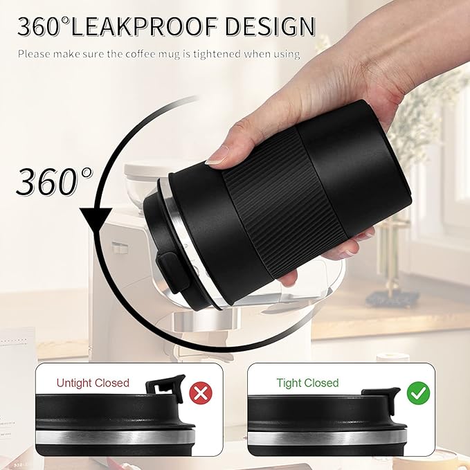 YINBAOGE Insulated Travel Coffee Mug Spill Proof Leak Proof Pobtable To Go Camping Stainless Steel Coffee Tumbler Reusable Coffee Cups with Lids Thermos for Hot and Cold Drink (Black, 12 OZ)