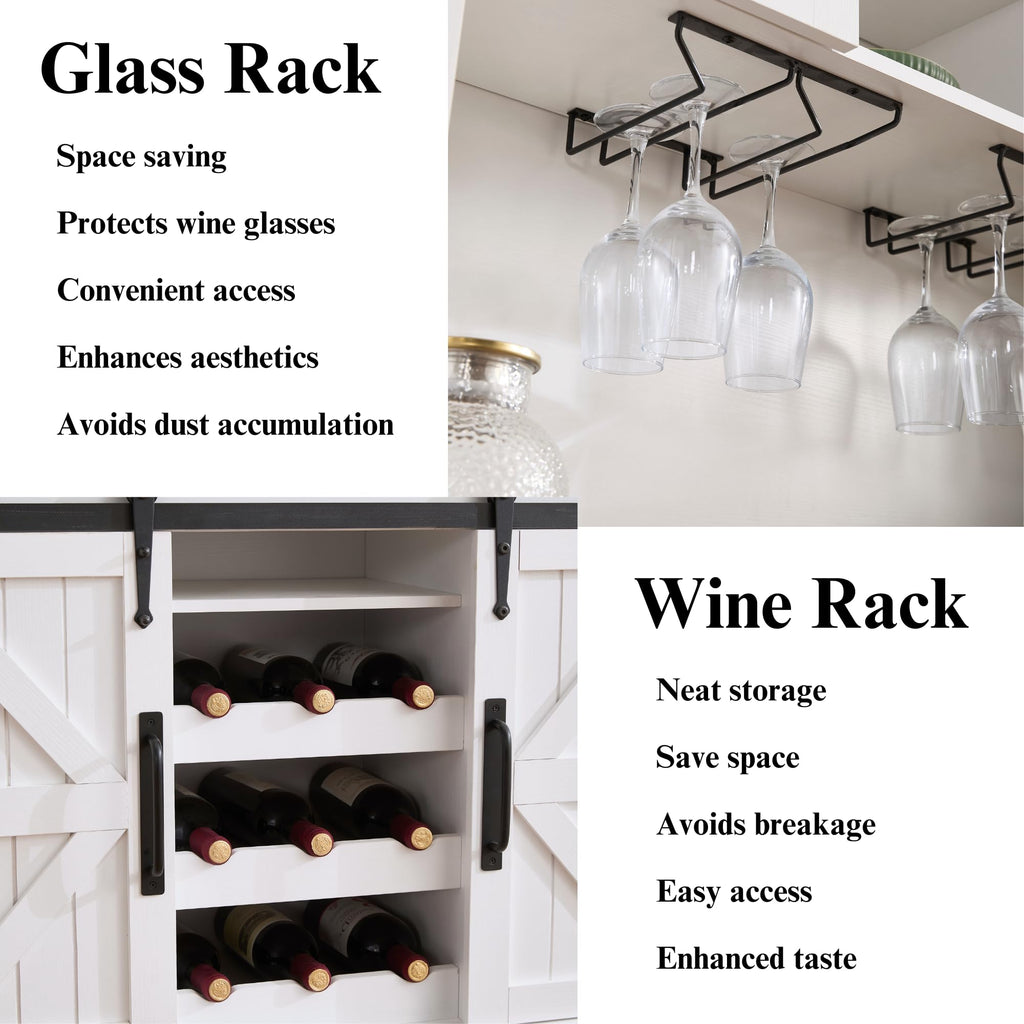 DM Furniture Coffee Bar Cabinet with Sliding Barn Doors 71'' Farmhouse Pantry Cabinet with Drawers & Wine Glass Rack Rustic Buffet Cabinet for Kitchen, White and Black