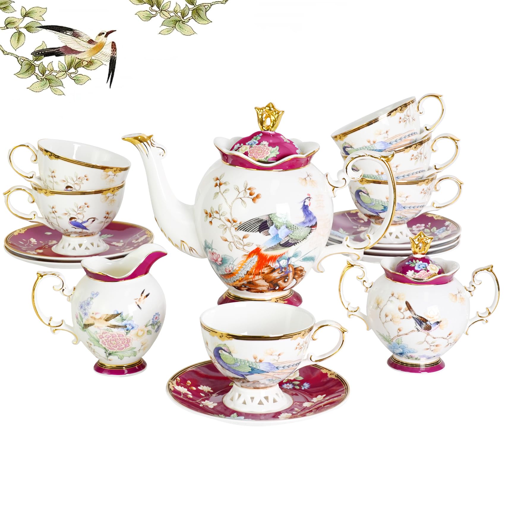 ACMLIFE Bone China Tea Set for Adults with Teapot, Porcelain Tea Party Sets 21-Piece Vintage Floral Fine Bone China Tea Set for 6, 24K Gold English Tea Sets for Women Tea Party for Gifts