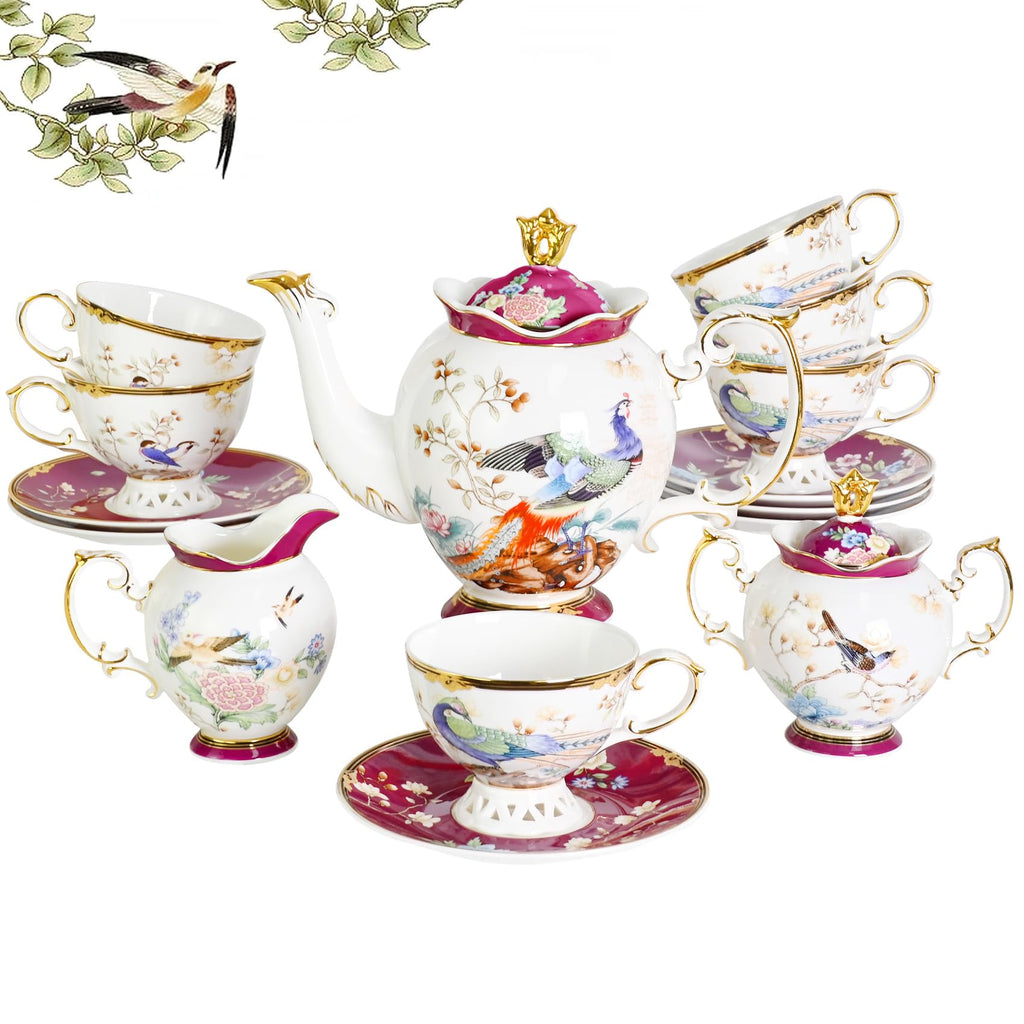 ACMLIFE Bone China Tea Set for Adults with Teapot, Porcelain Tea Party Sets 21-Piece Vintage Floral Fine Bone China Tea Set for 6, 24K Gold English Tea Sets for Women Tea Party for Gifts