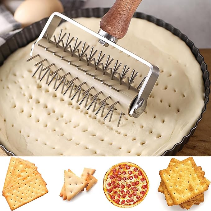Dough Docker Roller Stainless Steel and Wooden Dough Roller, Set of 2 Pizza Pin Roller Dough Hole Maker Wood Pastry Pizza Roller for Pizza, Cookie, Pie, Pastry, Bread, Crust