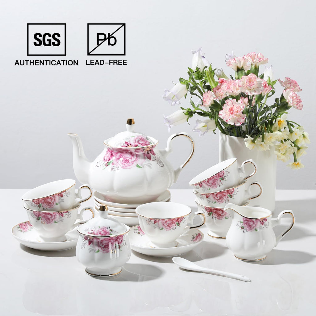 Sweejar Ceramic Teapot with Infuser, Floral Relief Gold Rimmed Teapot, 29 OZ Porcelain Tea Pot for Blooming and Loose Tea, Coffee...(Flower)