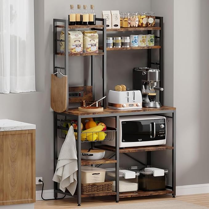 Standing Kitchen Baker’s Rack, Bakers Rack with Power Outlet, 6-Tier Microwave Stand, Coffee Bar with 12 S-Shaped Hooks, Kitchen Shelf with Storage, Coffee Bar Station, for Rustic Brown