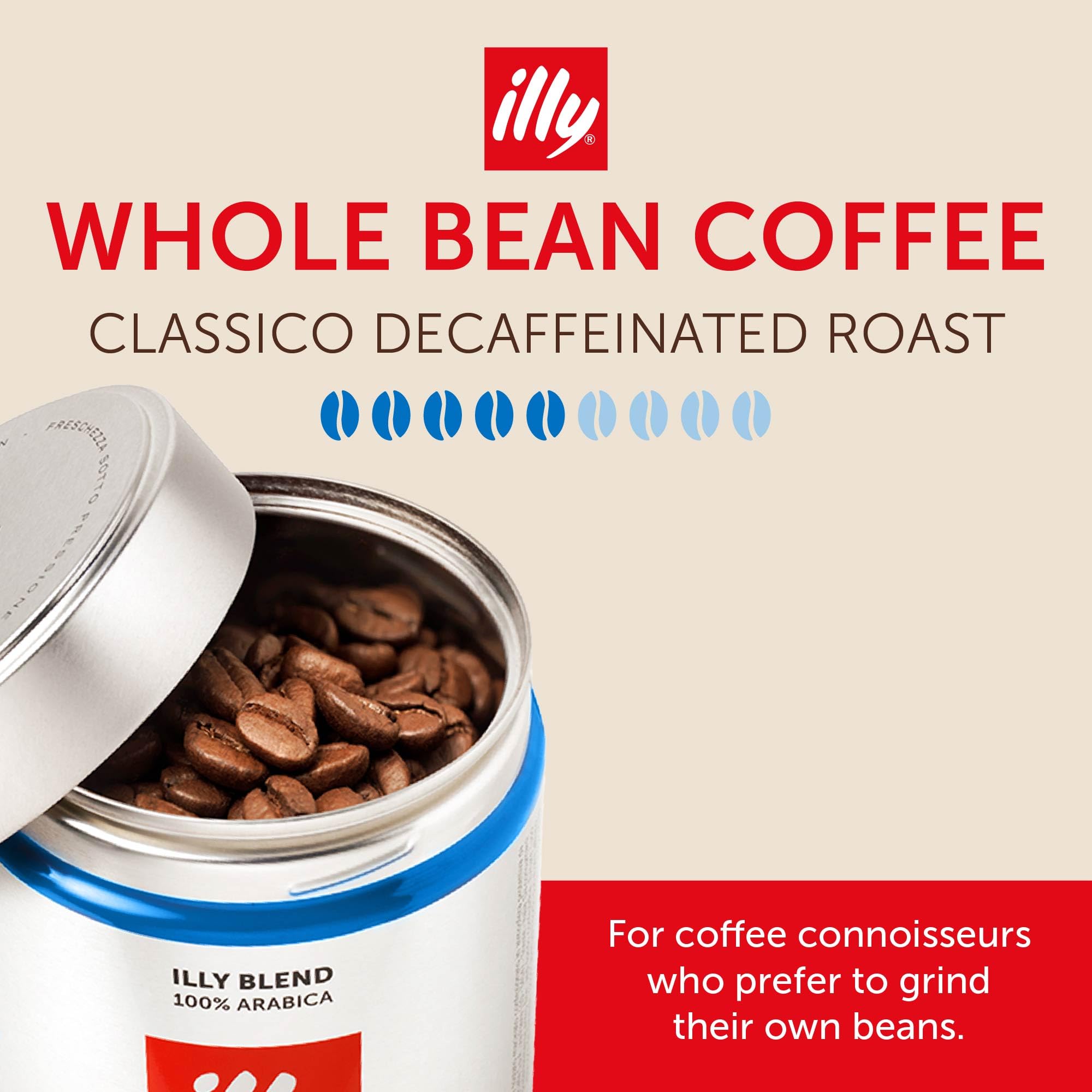 illy Decaf Whole Bean Coffee, Classico Medium Roast, 8.8oz, 6 Pack