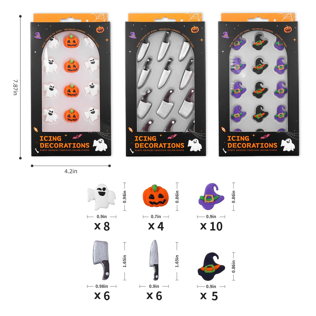 Edible Halloween Cake Decorations, Pumpkin Cupcake Toppers, Ghost Cake Decorations, Edible Knives Cupcake Toppers, Witch Hats for Cake Decorating, Cookies, Cupcakes, Macaron, and Ice Cream