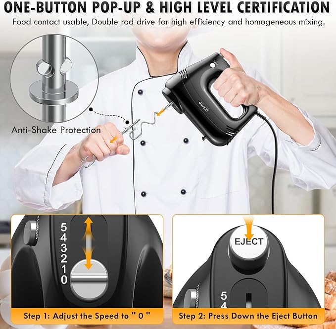 Electric Hand Mixer with Stainless Steel Whisk, Dough Hook Attachment and Storage Bag, Handheld Mixer for Baking Cakes, Eggs, Cream Food Mixers. Turbo Boost /5 Speed Kitchen Blender