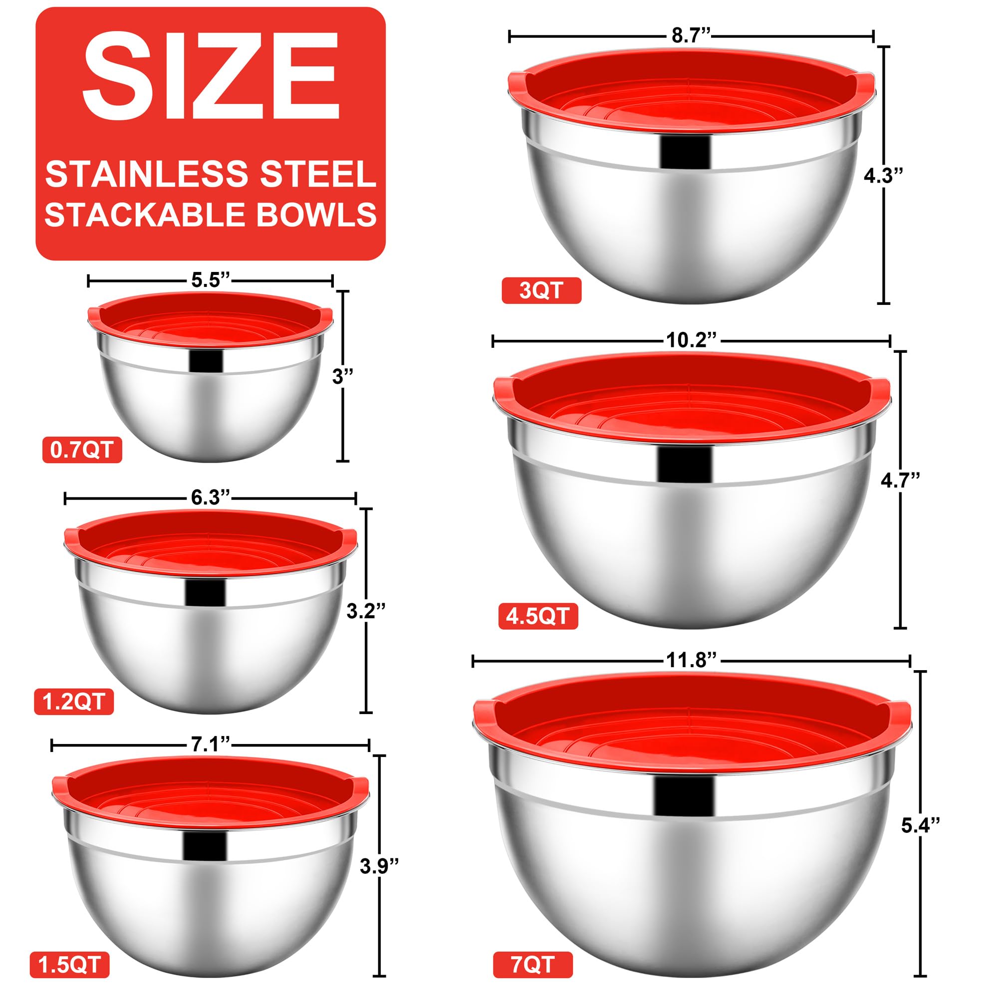 E-far Mixing Bowls with Lids, 12-Piece Stainless Steel Salad Bowls Metal Nesting Bowls for Baking Cooking and Prepping, Airtight Lids & Stackable Design, Size 7, 4.5, 3, 1.5, 1.2, 0.7 QT (Red)