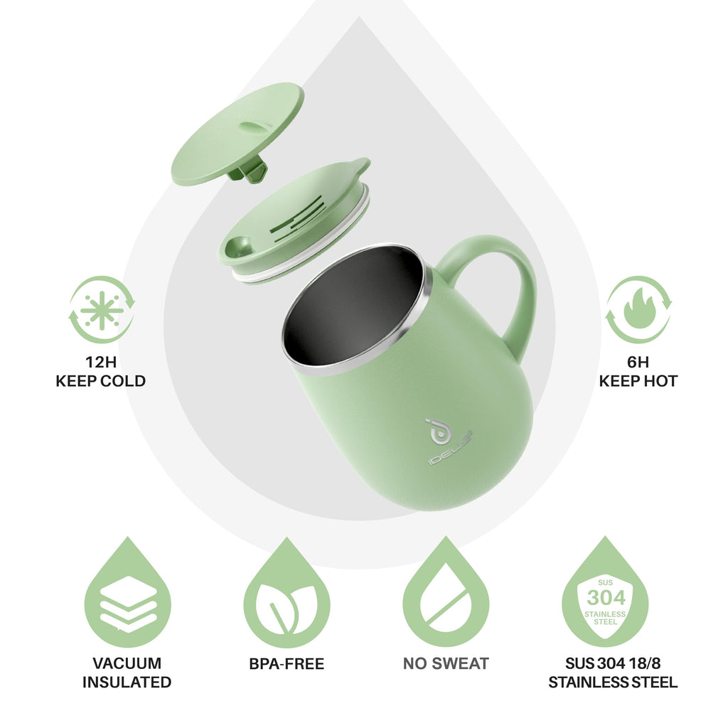 Ideus 16 oz Insulated Coffee Mug with Handle and Lid, Double Wall Stainless Steel Vacuum Thermal Coffee Mug, Travel Coffee Cup Thermal Cup for Home and Office, Avocado Green