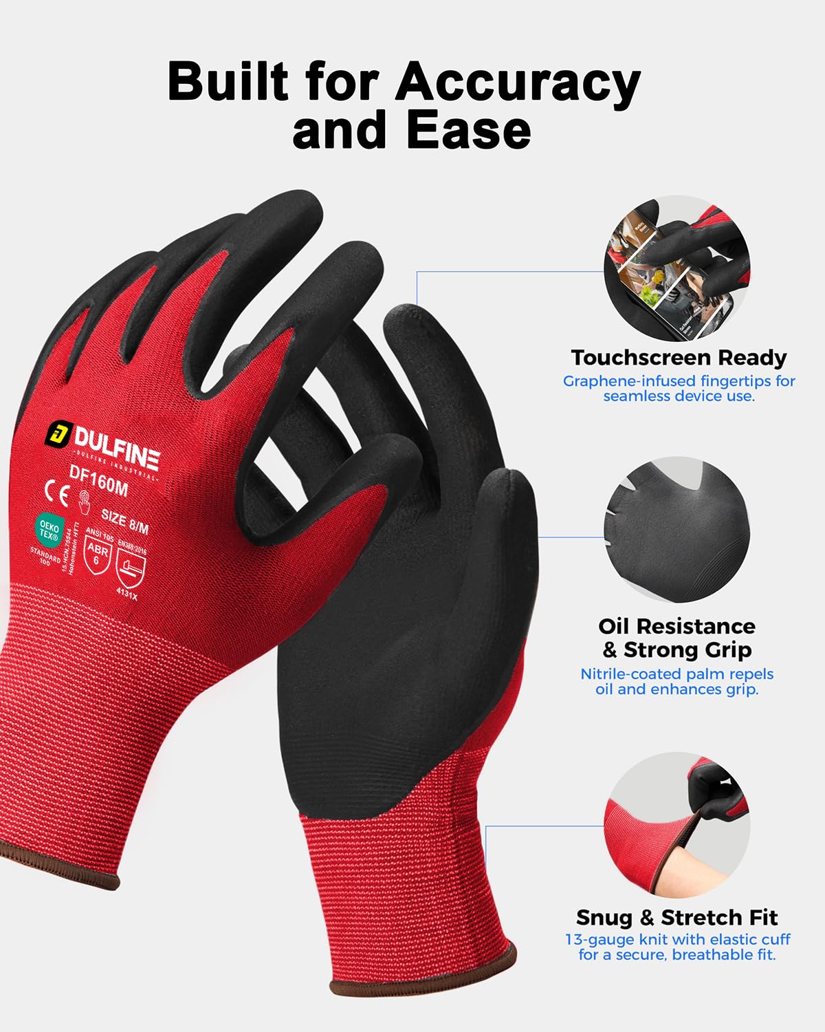 DULFINE MicroFoam Nitrile Coated 12 Pairs Work Gloves for Men Red M