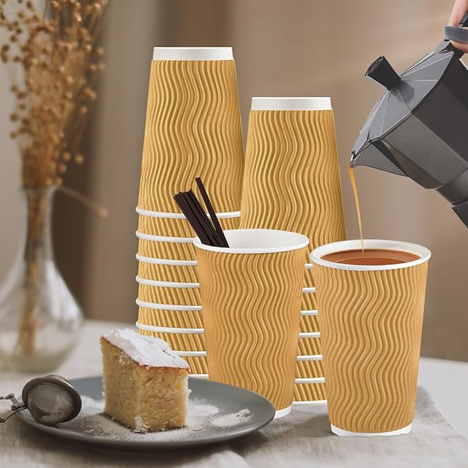 80 Pack 16 OZ Disposable Coffee Cups with Lids and Straws, Insulated Paper Coffee Cups with Lids, Corrugated Ripple Wall To Go Cups for Hot Drink, Coffee, Hot Chocolate, Water, Juice - Champagne