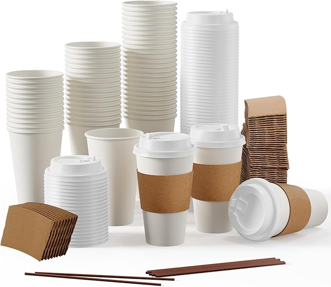 JOLLY PARTY [50 Pack] 20 oz Paper Coffee Cups, Disposable Paper Coffee Cup with Lids, Sleeves, and Stirrers, Hot/Cold Beverage Drinking Cup for Water, Juice or Tea, Suitable for Home, Shops and Cafes