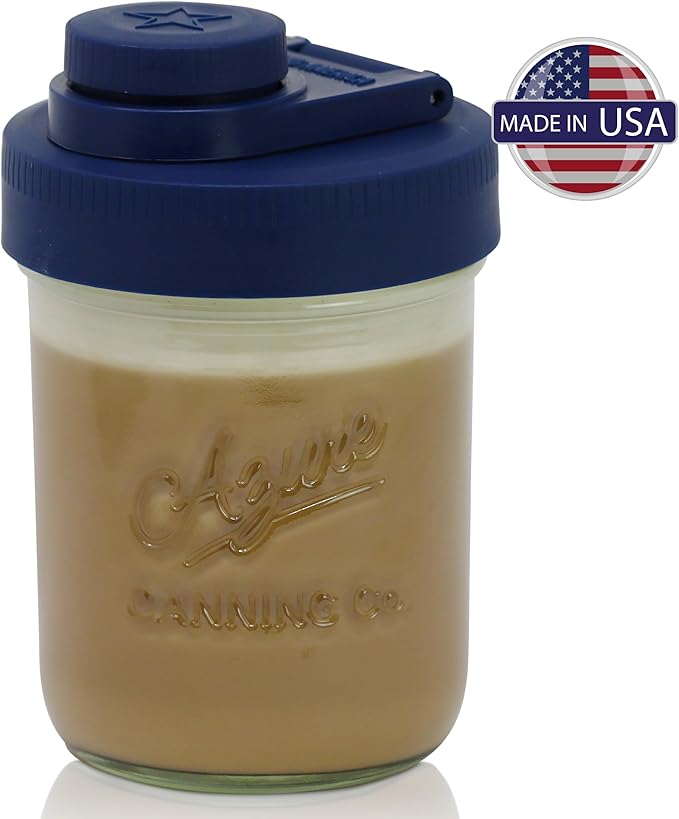 Brewing America Creamer Jar with Pouring Lid, 1 Pint (16 oz) Azure Mason Jar with Blue Wide Mouth Pour Lid for Milk, Sugar, and Cream, 1-Pack (Old Glory Blue)