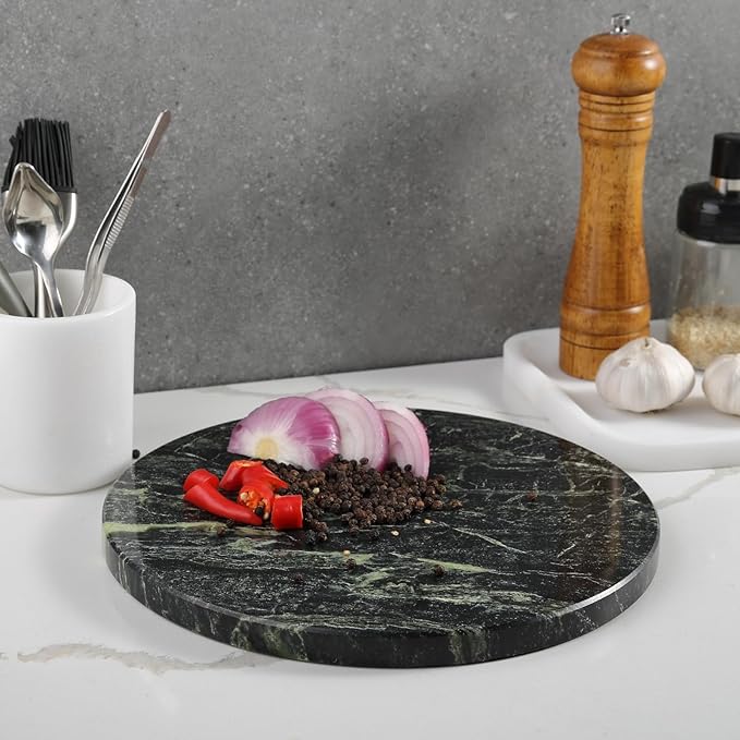 Koville Indian Natural Marble Cutting Board for Kitchen, 11inch Round Hand Crafted Marble Slab for Cheese, Charcuterie, Pastry Board - Wedding Gift, House Warming Gift(Indian Green)