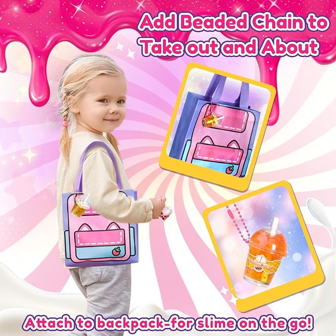 46PCS Slime Boba Tea Making Kit for Girls Ages 8-12, DIY Pretend Play Food Toys, Bubble Tea Cups, Bag, Clear Slime, Add-ins, Making Miniature Food, Party Favors for Kids 6 7 9 10 11