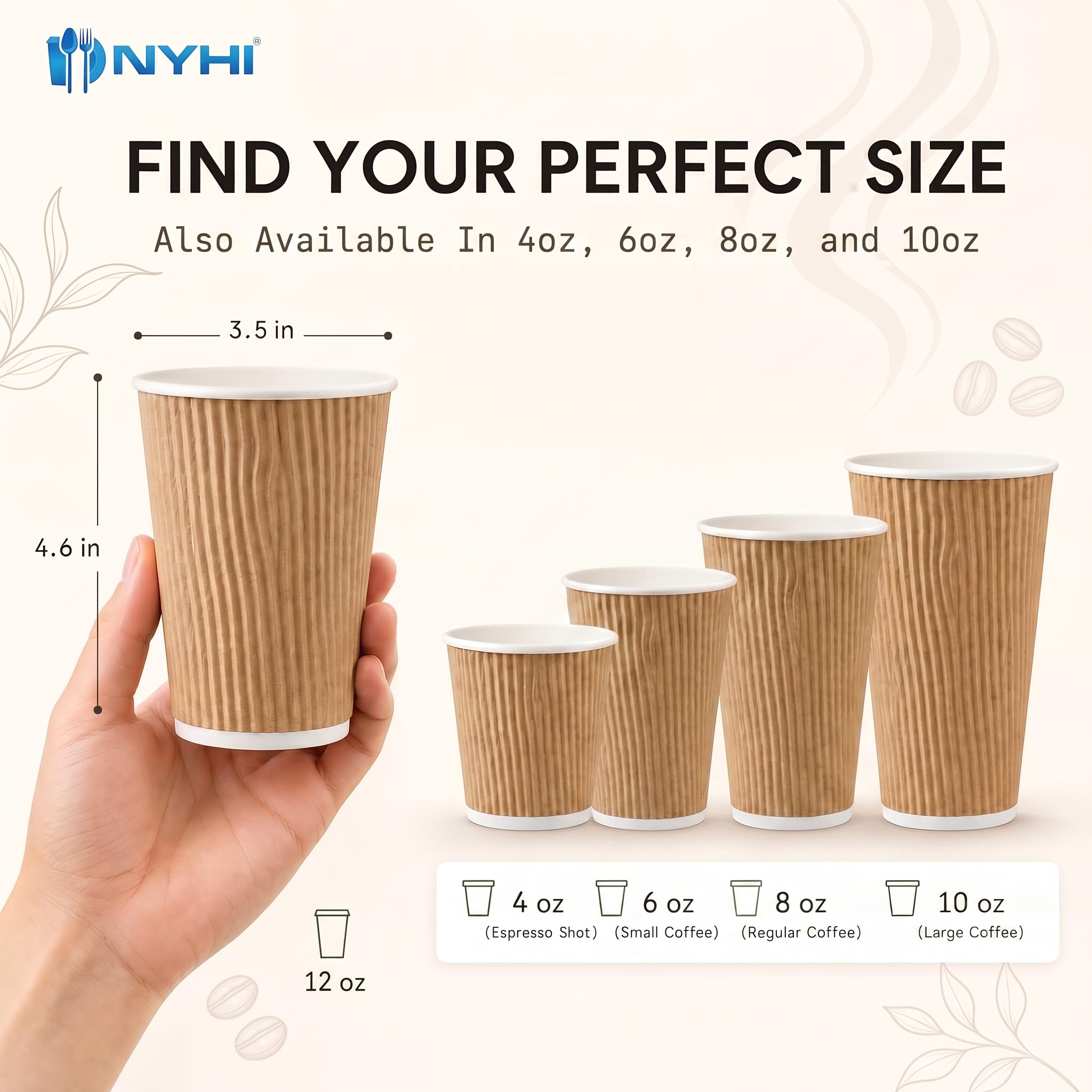 NYHI 150 10 oz Ripple Kraft Paper Cups Brown Hot Cold Cups 3 Layer Rippled Small Insulated Disposable Coffee Cups for Cappuccino Hot Cocoa or Iced Drinks
