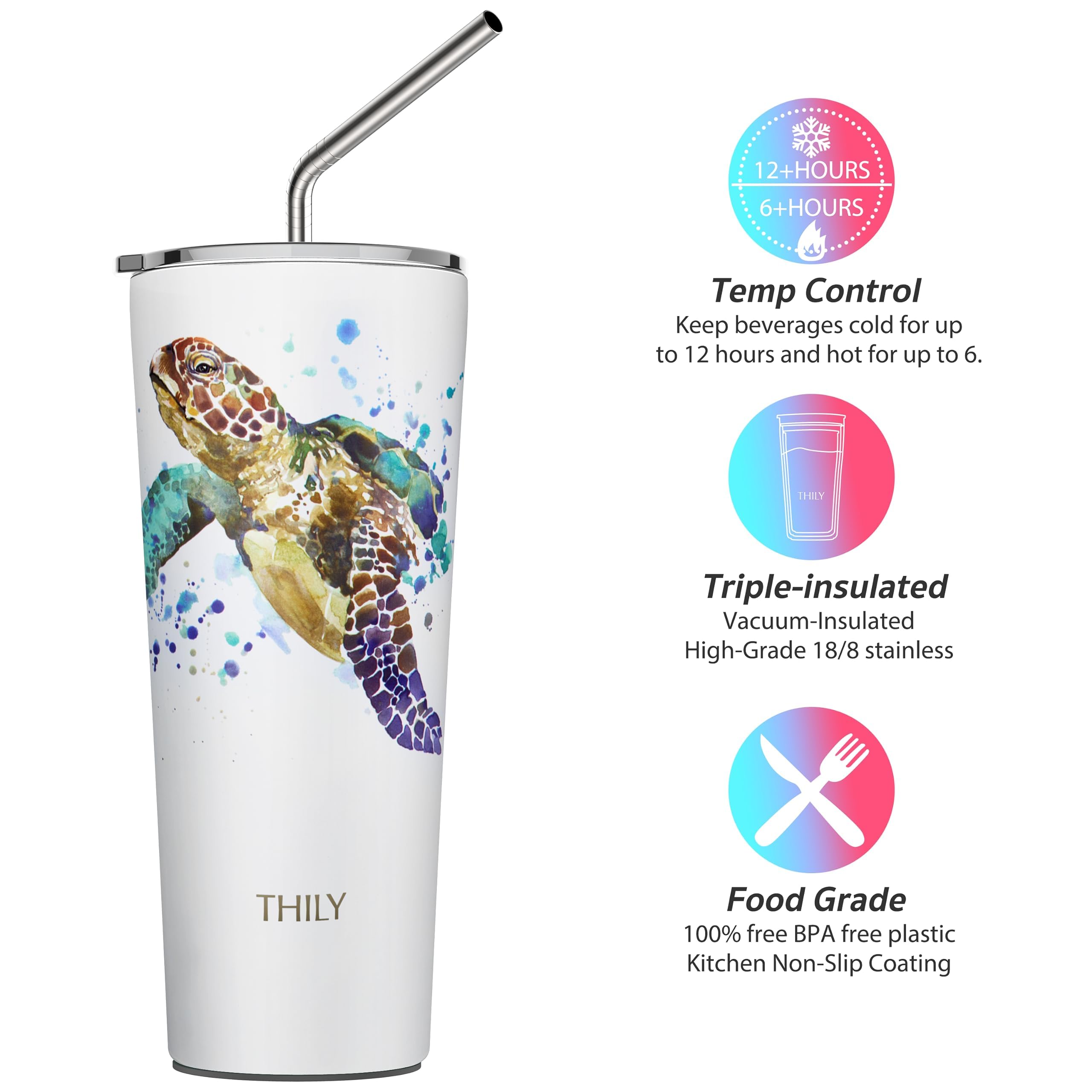 THILY Stainless Steel Vacuum Insulated Tumbler Travel Mug 26 oz Coffee Cup with 2 Lids and Straws, Splash Proof, Keep Ice Drinks Cold, Sea Turtle
