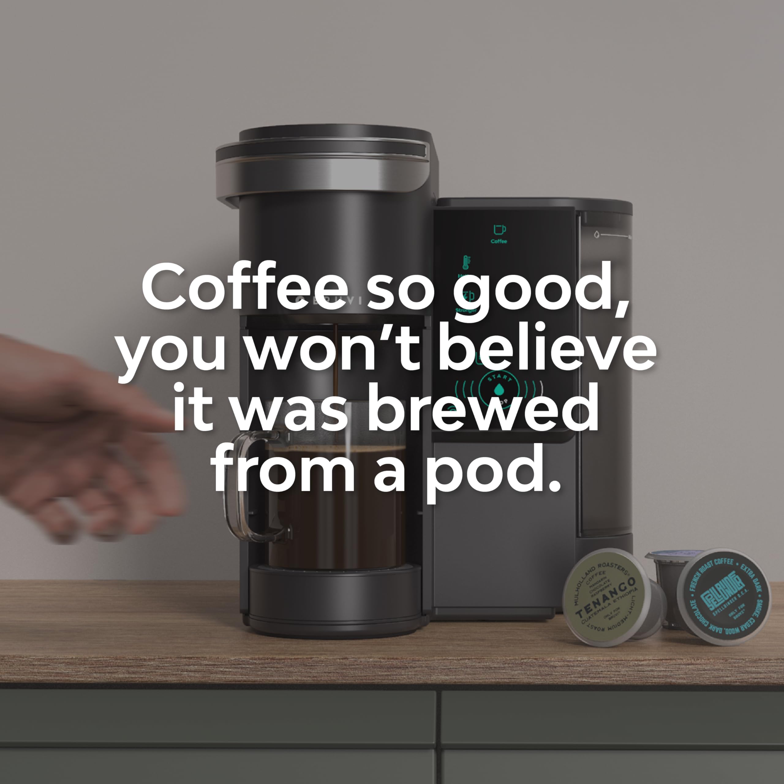 BRUVI Single-Serve Coffee Maker Bundle | Brews Coffee, Espresso, Cold Brew, Matcha Green Tea & More | Includes Brewer + 20 Variety Pods | Touchscreen, WiFi, 70 oz Tank | Black