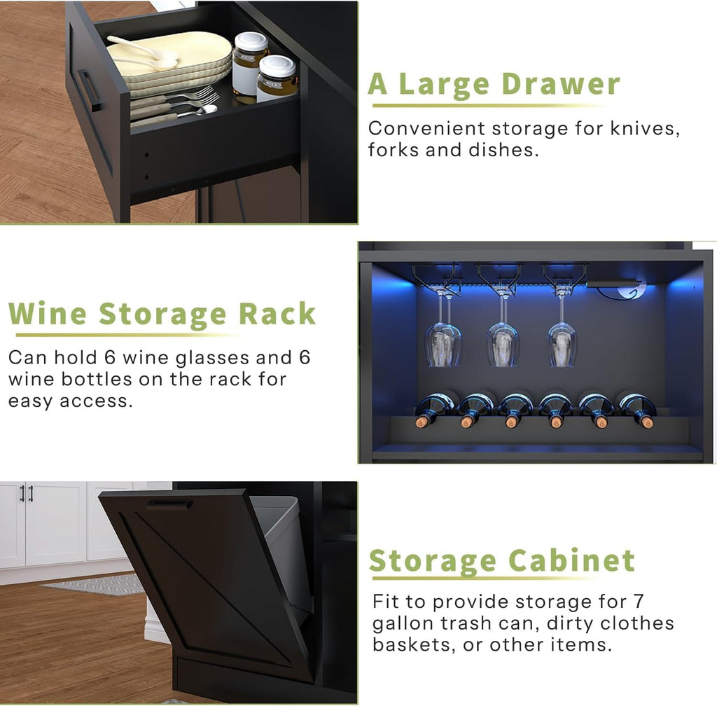 DynJest 67.3" Tall Modern Black Kitchen Pantry Storage Cabinet with Drawer and Shelves, Tilt Out Trash Can, Coffee Bar Wine Cabinet with LED Lights and Power Outlet, Wine Glass Rack, 2 Mesh Doors