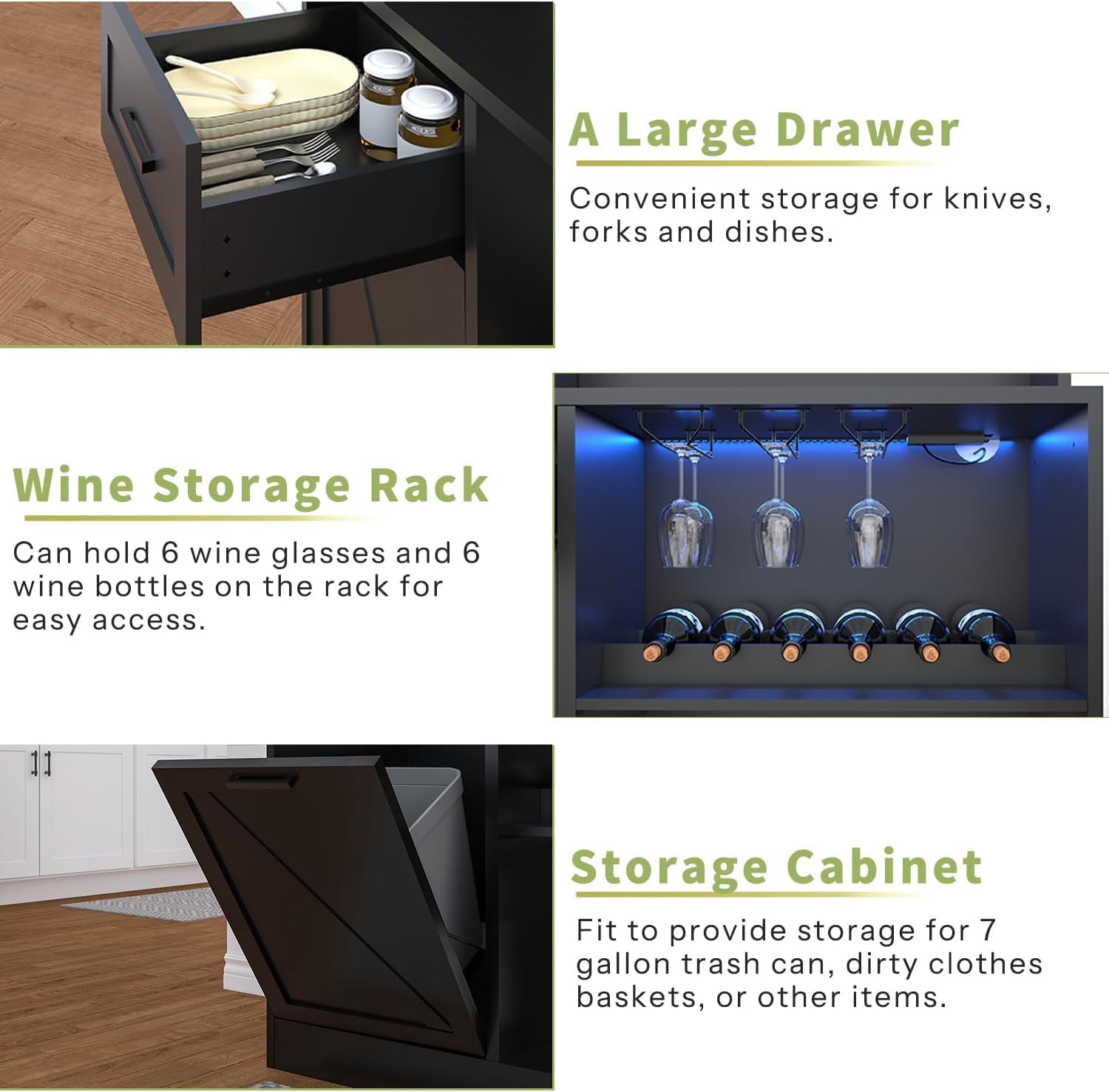 DynJest 67.3" Tall Modern Black Kitchen Pantry Storage Cabinet with Drawer and Shelves, Tilt Out Trash Can, Coffee Bar Wine Cabinet with LED Lights and Power Outlet, Wine Glass Rack, 2 Mesh Doors