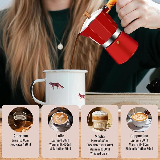 3 Cup Aluminum Moka Pot Classic Stovetop Espresso Coffee Maker 150ml 5oz Coffeemaker Percolator Mocha Pot Greca Coffee Maker Cafe Makers for Italian and Cuban Café Brewing Red