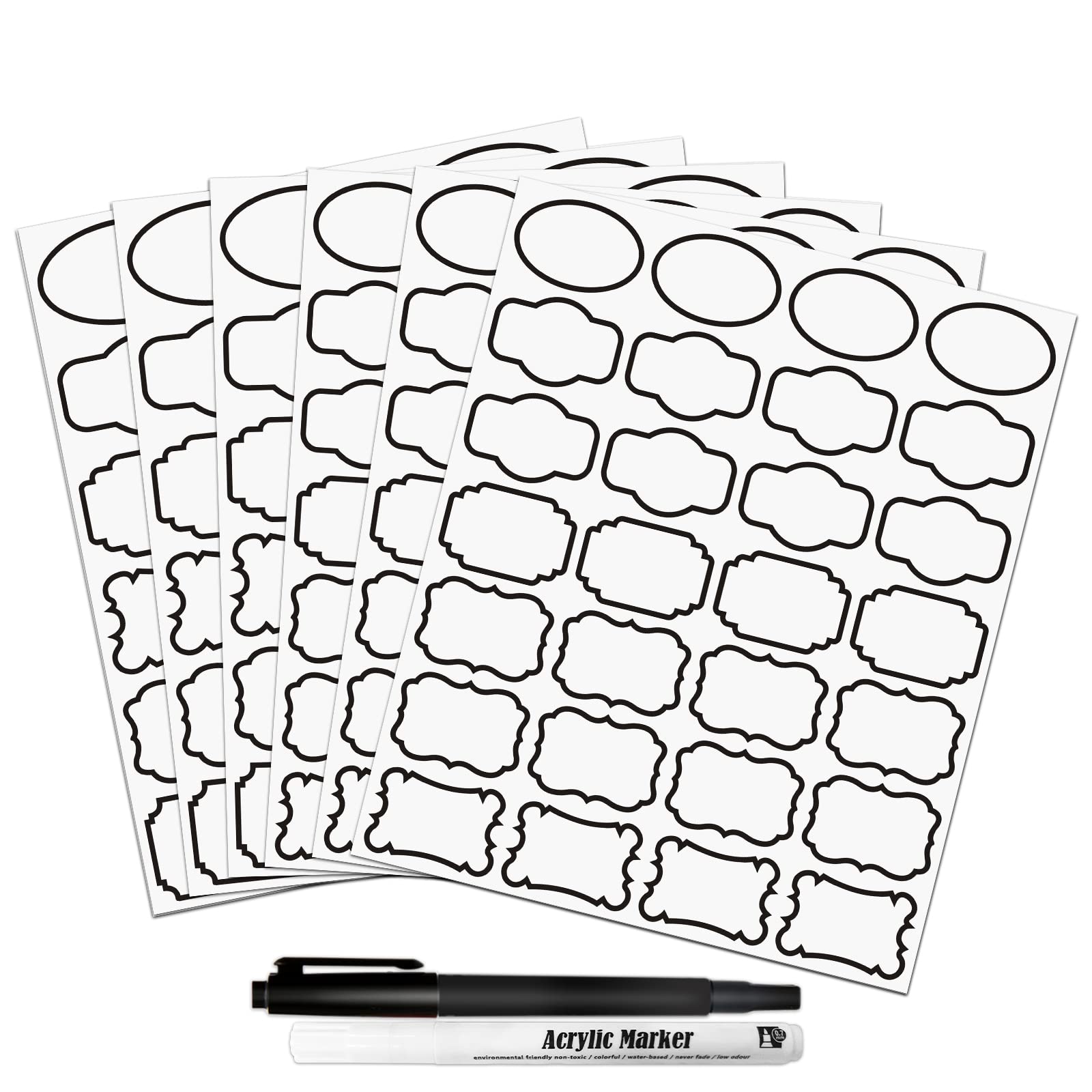 Kitchen Pantry Food Containers Clear Labels with Black Border, 138 Waterproof Removable Write-on Sticker Labels Tags to Organize Spice Jars Condiment Flour Sugar Canisters Storage Bins, Free 2 Markers