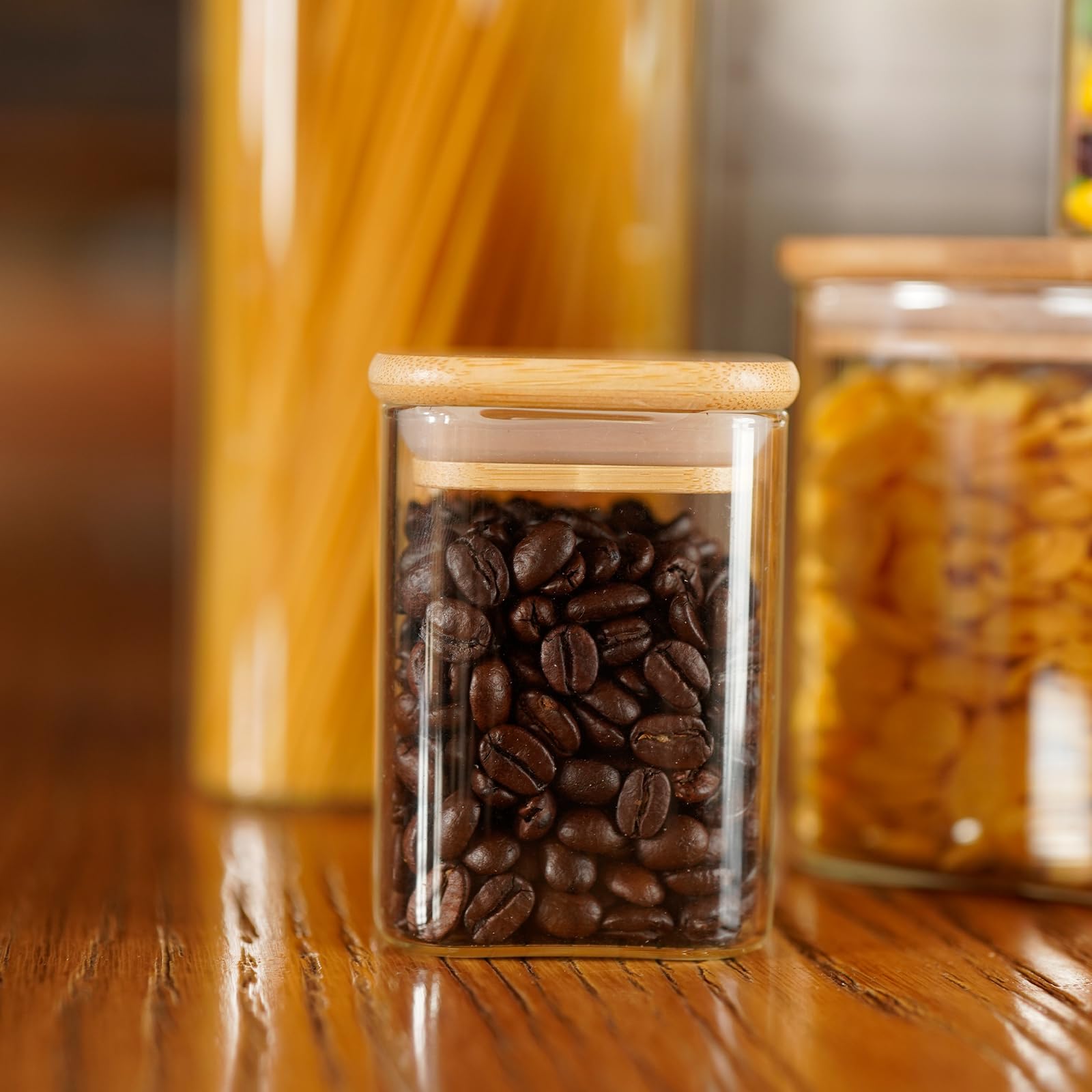 SHOWIN Glass Food Storage Jars Square 8oz, 12 Pack Glass Jars With Bamboo Lids, Kitchen Storage Containers For Spice, Candy, Cookie, Storage For Pantry Organizers