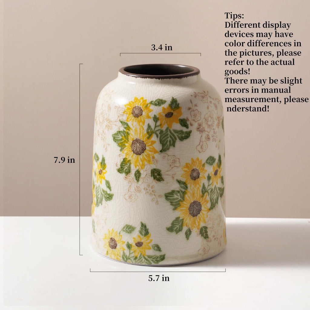 Levvohd Vintage Ceramic Vase, Sunflower Pattern 7.9 Inch, Medium Cylinder