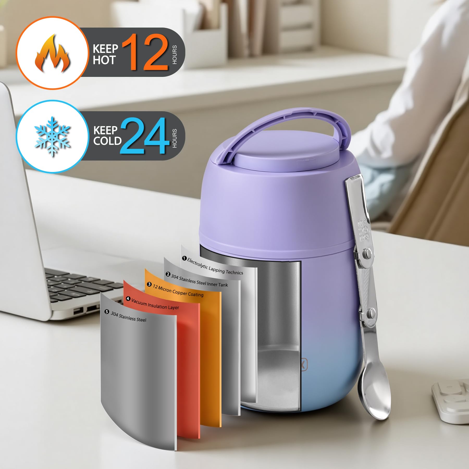 17 oz Insulated Lunch Containers Hot Food Jar, Wide Mouth Lunch Thermo for Hot Food Kids Adults, Vacuum Stainless Steel Thermo Lunch Box With Handle Folding Spoon for School, Office(Purple blue)