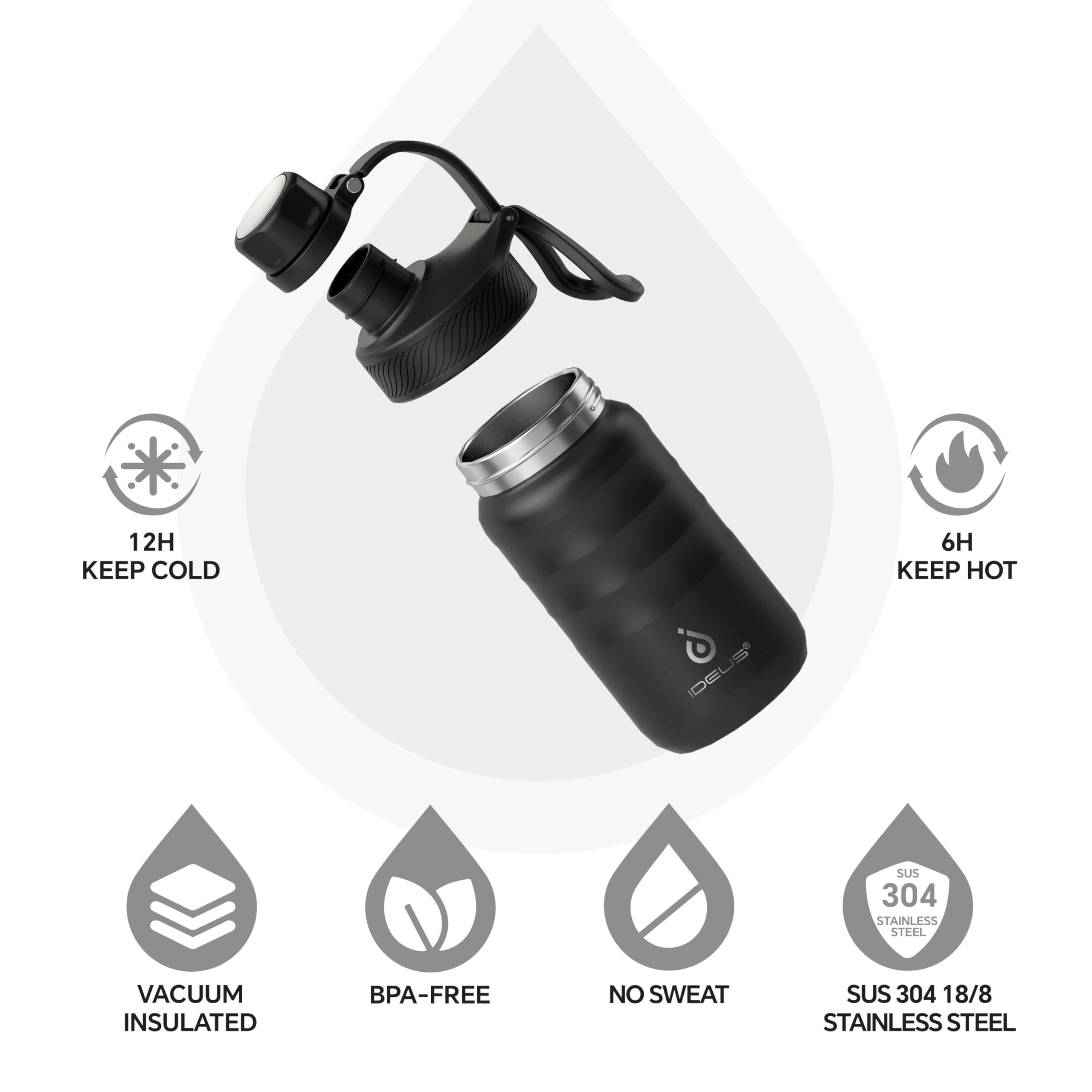 IDEUS Insulated Water Bottle 12oz, Stainless Steel Insulated Water Bottle For School, Insulated Bottles With Straws Leakproof, Vacuum Double Wall Water Bottles For Boys And Girls With 2 Lids, BPA Free