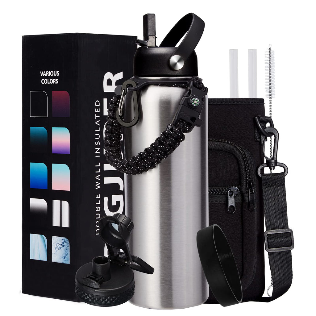 40oz Stainless Steel Water Bottle - Wide Mouth Vacuum Insulated Metal Water Bottle with Straw Lid & Paracord Handle, Sweat-Proof Water Flask Thermo Metal Mug with Strap for Gym Camping Hiking