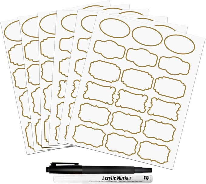 Kitchen Pantry Food Containers Clear Labels with Gold Border, 93 Waterproof Removable Write-on Sticker Labels Tags to Organize Spice Jars Condiment Flour Sugar Canisters Storage Bins, Free 2 Markers
