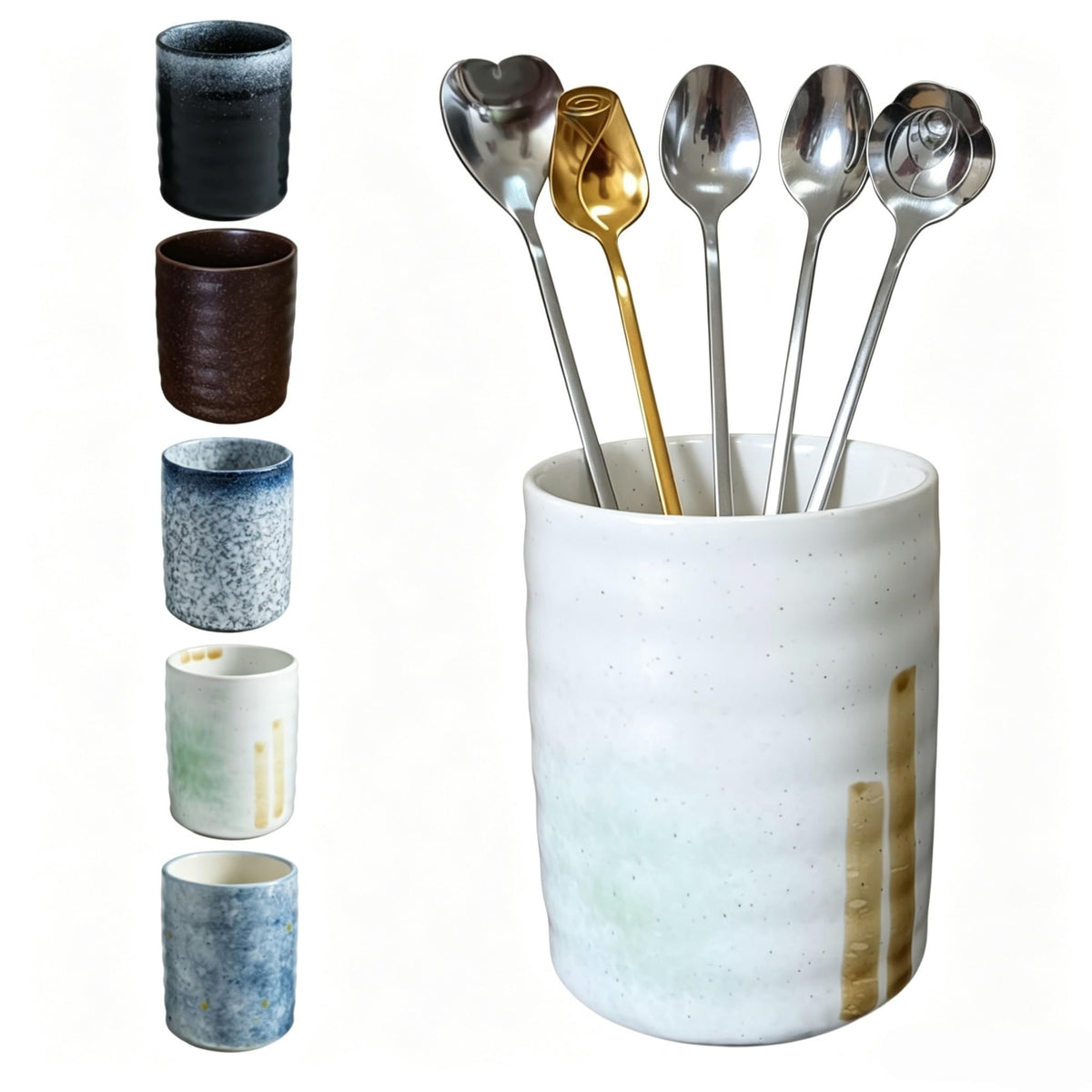 TOPYOKK Stoneware Coffee Bar Utensil Holder Tea & Coffee Spoon & Stirrer Holder for Stir Stick Straw Teaspoon Holder Espresso Spoon Cup Small Utensil Jar (Snow night)